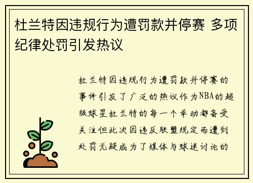 杜兰特因违规行为遭罚款并停赛 多项纪律处罚引发热议